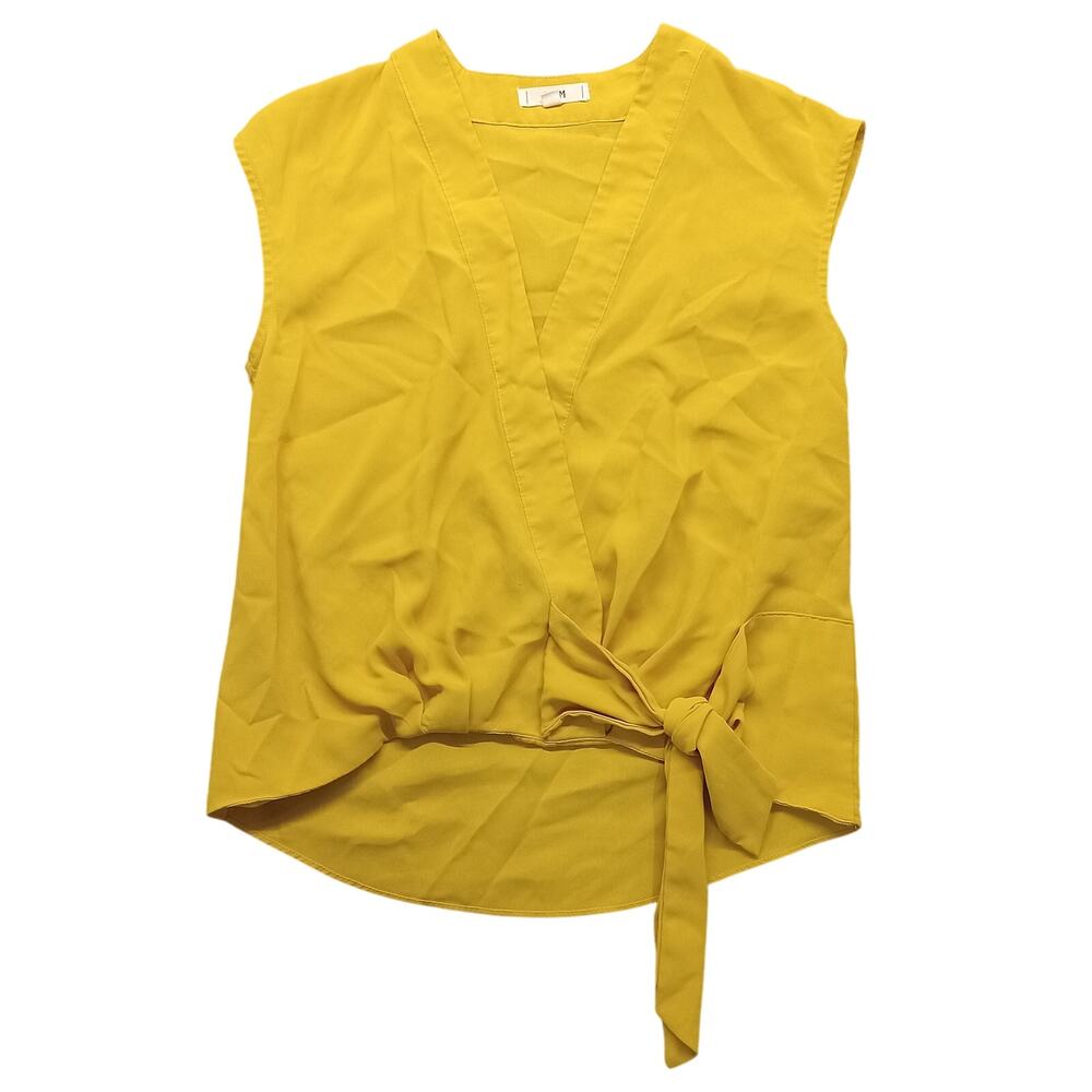 E & M Top S Women's Sleeveless Blouse Yellow Pullover Tie